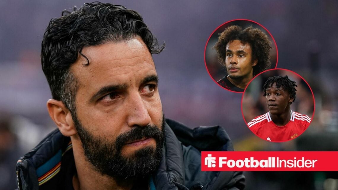 Man United manager Ruben Amorim, alongside circular insets of Joshua Zirkzee and Kobbie Mainoo