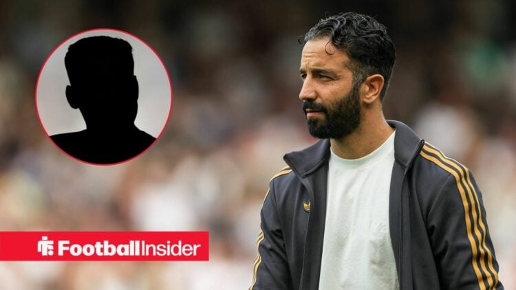 Ruben Amorim on the sidelines, Luke Shaw's silhouette in a circular inset