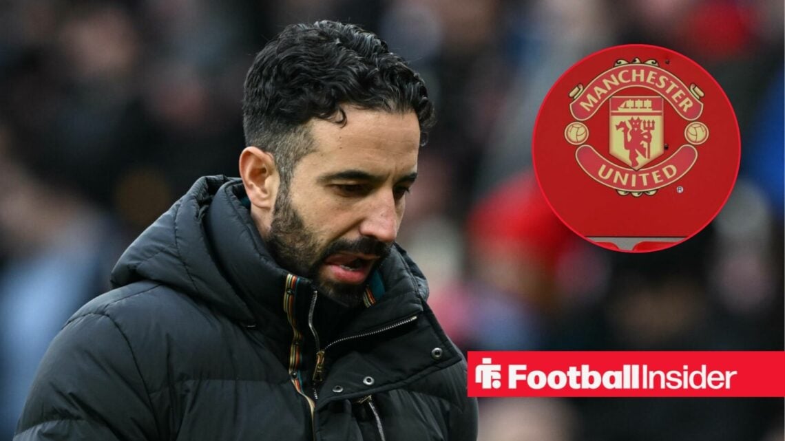 Ruben Amorim looking at the ground alongside an image of a Man United badge in a circular frame