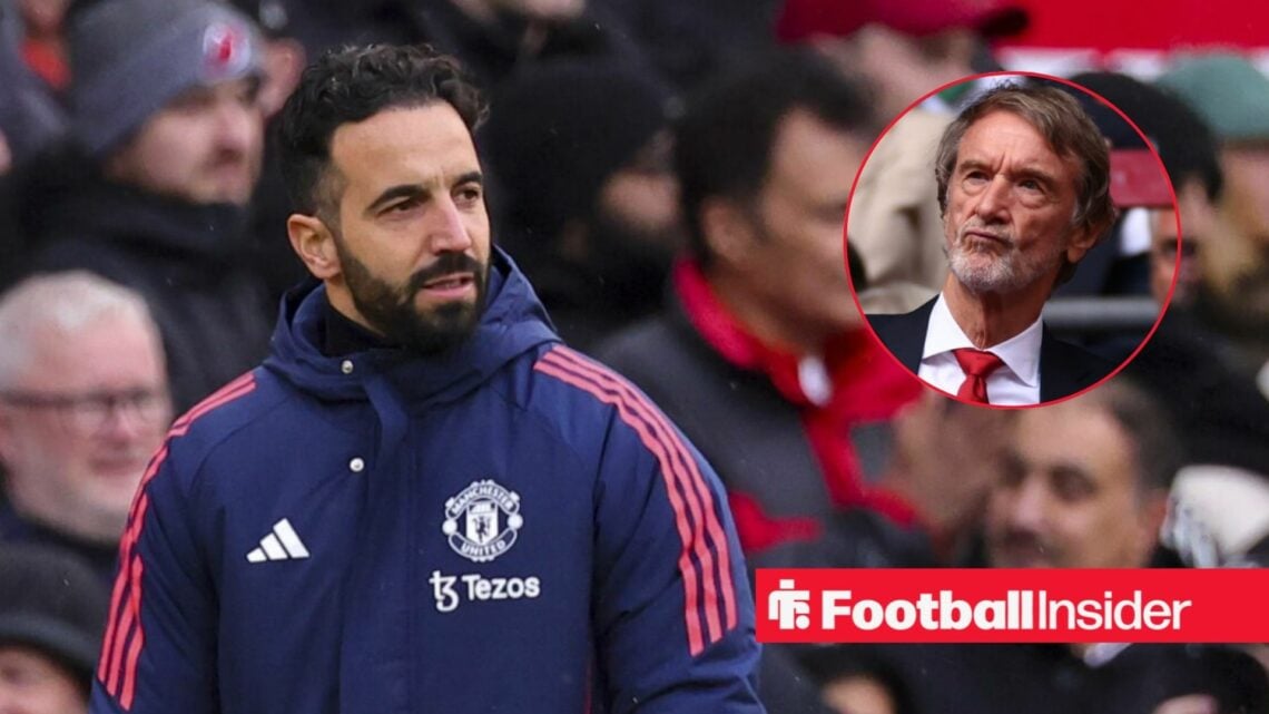 Ruben Amorim on the touchline at Old Trafford, with Sir Jim Ratcliffe in a circular inset