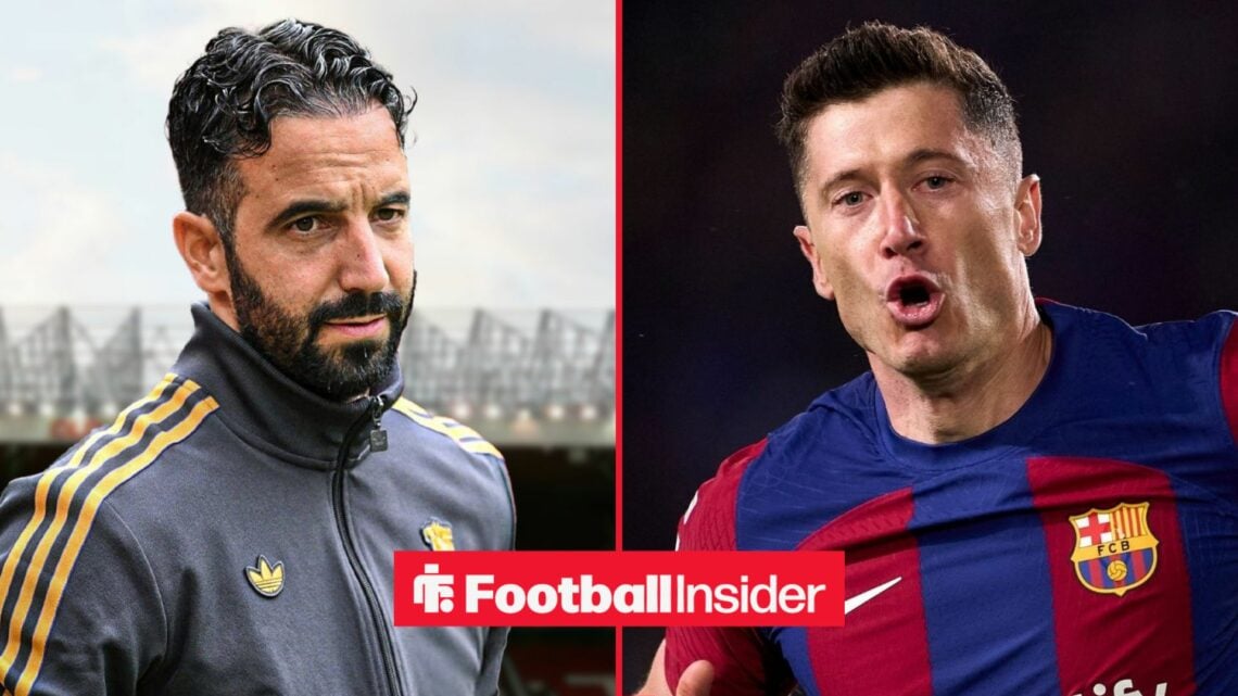 Ruben Amorim looking serious alongside Robert Lewandowski in a Barcelona shirt
