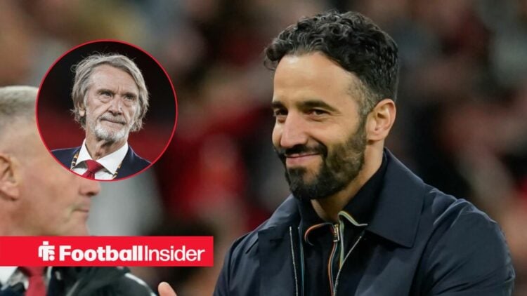 Man United boss Ruben Amorim smiling looking at owner Sir Jim Ratcliffe left inset