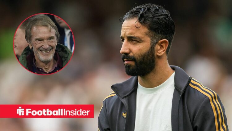 Ruben Amorim on the sidelines at Man United, with Sir Jim Ratcliffe in a circular inset