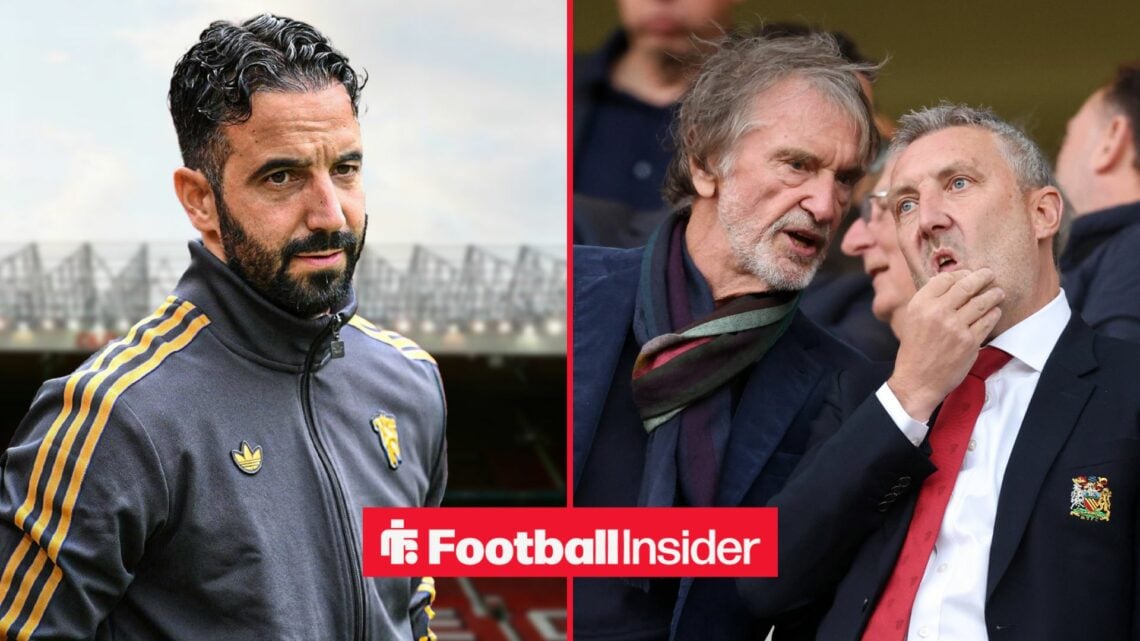Ruben Amorim looking concerned alongside Sir Jim Ratcliffe and Jason Wilcox talking