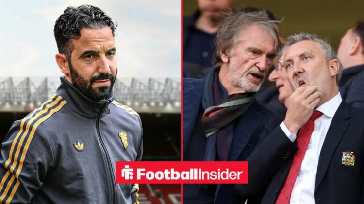 Ruben Amorim looking concerned alongside Sir Jim Ratcliffe and Jason Wilcox talking