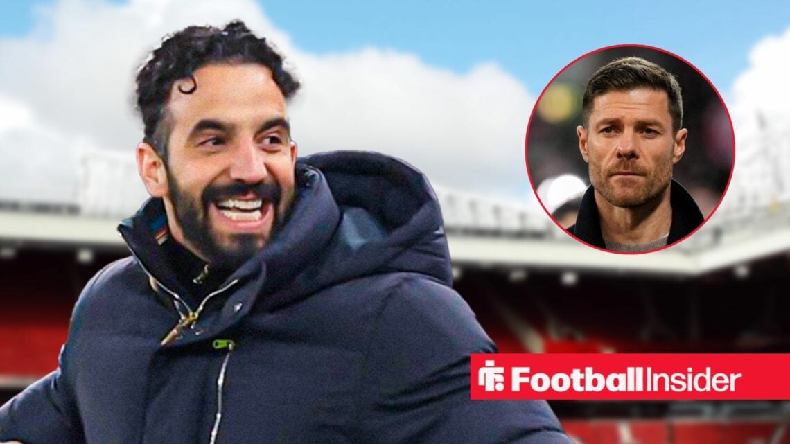 Ruben Amorim looking happy at Old Trafford, with Xabi Alonso in a circular inset