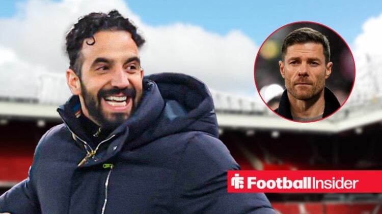 Ruben Amorim looking happy at Old Trafford, with Xabi Alonso in a circular inset