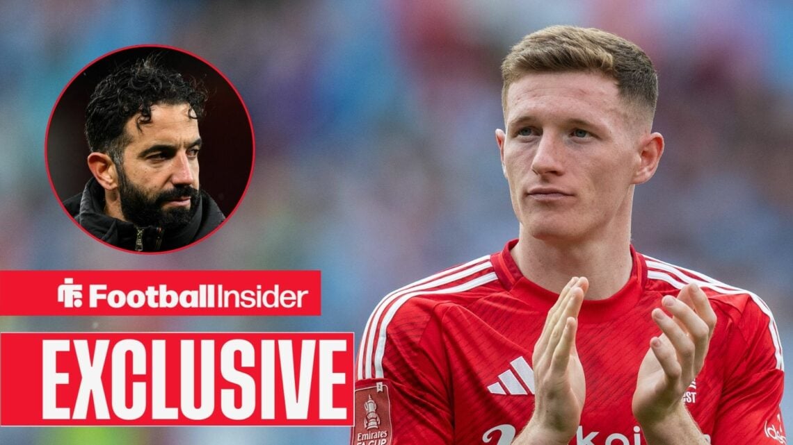 Ruben Amorim looking serious on the left with Elliot Anderson clapping on the right