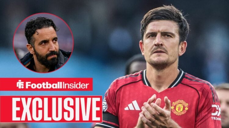 Ruben Amorim looking serious on the left with a focused clapping Harry Maguire on the right for Man United