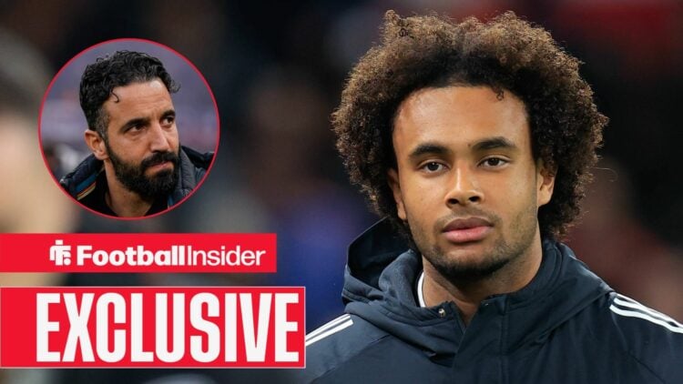 Ruben Amorim looking serious on the left with a focused Joshua Zirkzee on the right for Man United