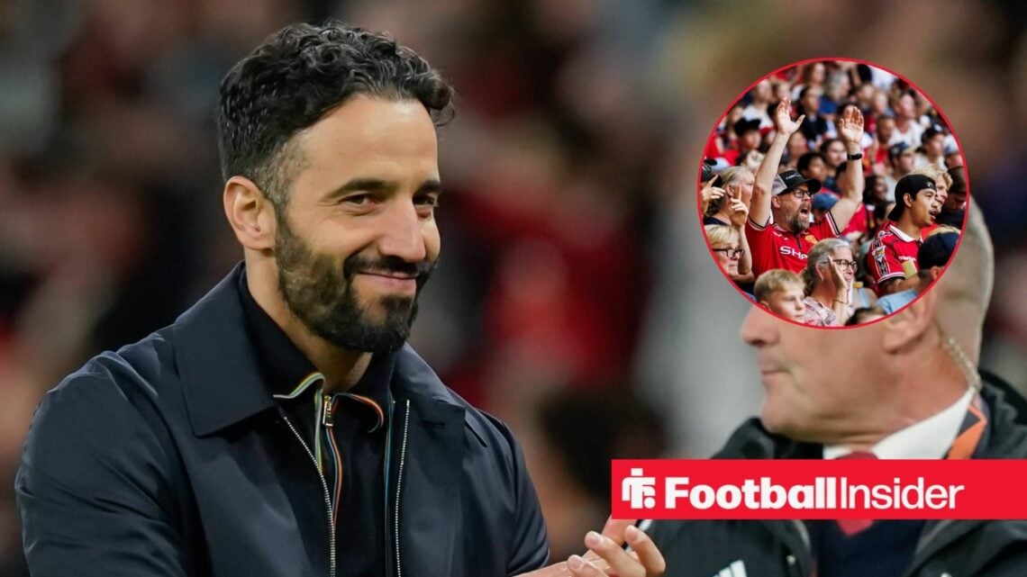 Ruben Amorim clapping his hands and Man United fans in inset
