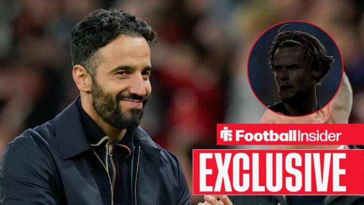 Ruben Amorim clapping his hands for Man United with a faded Morten Hjulmand on the right