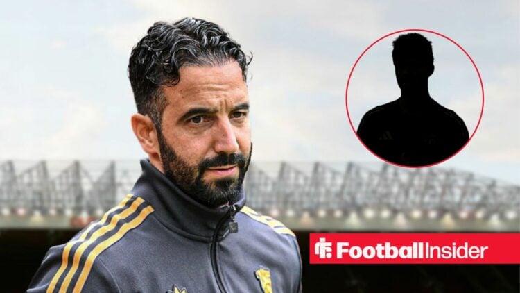 Ruben Amorim at Old Trafford, with a blanked-out player in a circular inset