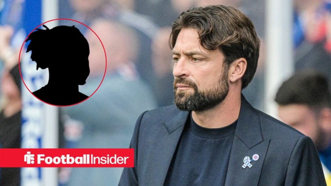 Russell Martin on the sidelines at Ibrox, with a blanked out player in a circular inset
