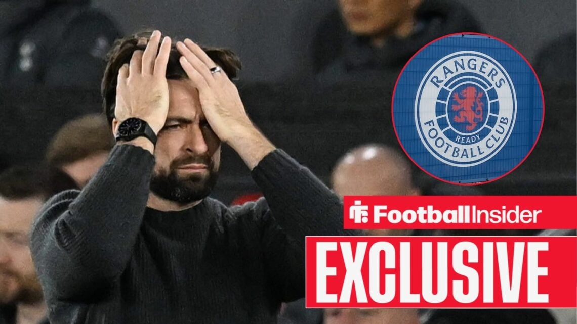 Russell Martin with his head in his hands and Rangers' badge in inset
