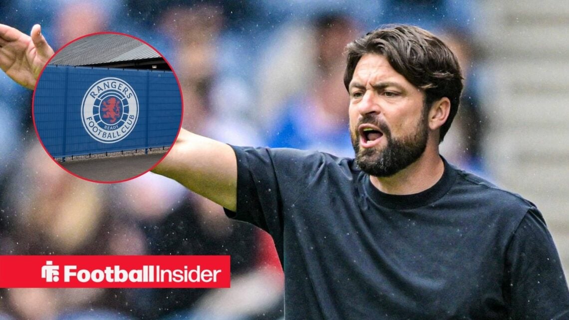 Russell Martin shouting and Rangers badge in inset