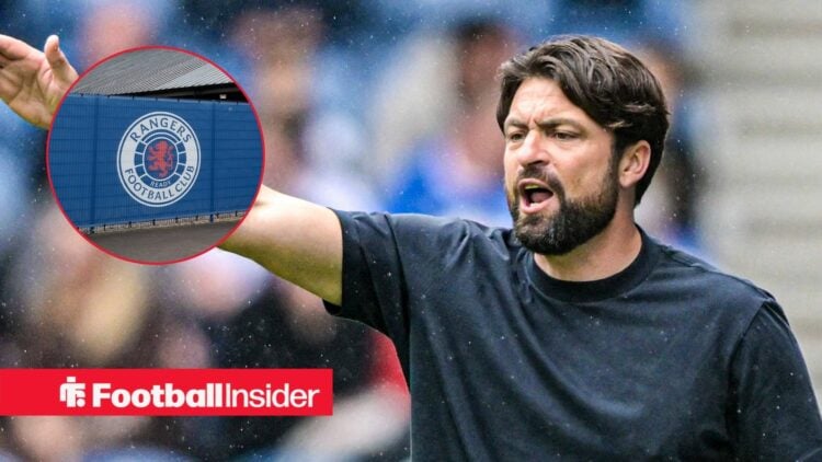 Russell Martin shouting and Rangers badge in inset