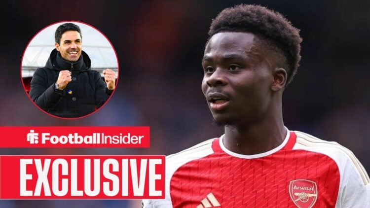 Bukayo Saka next to a circular inset of Mikel Arteta