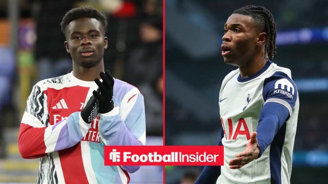 Split image of Arsenal's Bukayo Saka and Tottenham's Destiny Udogie