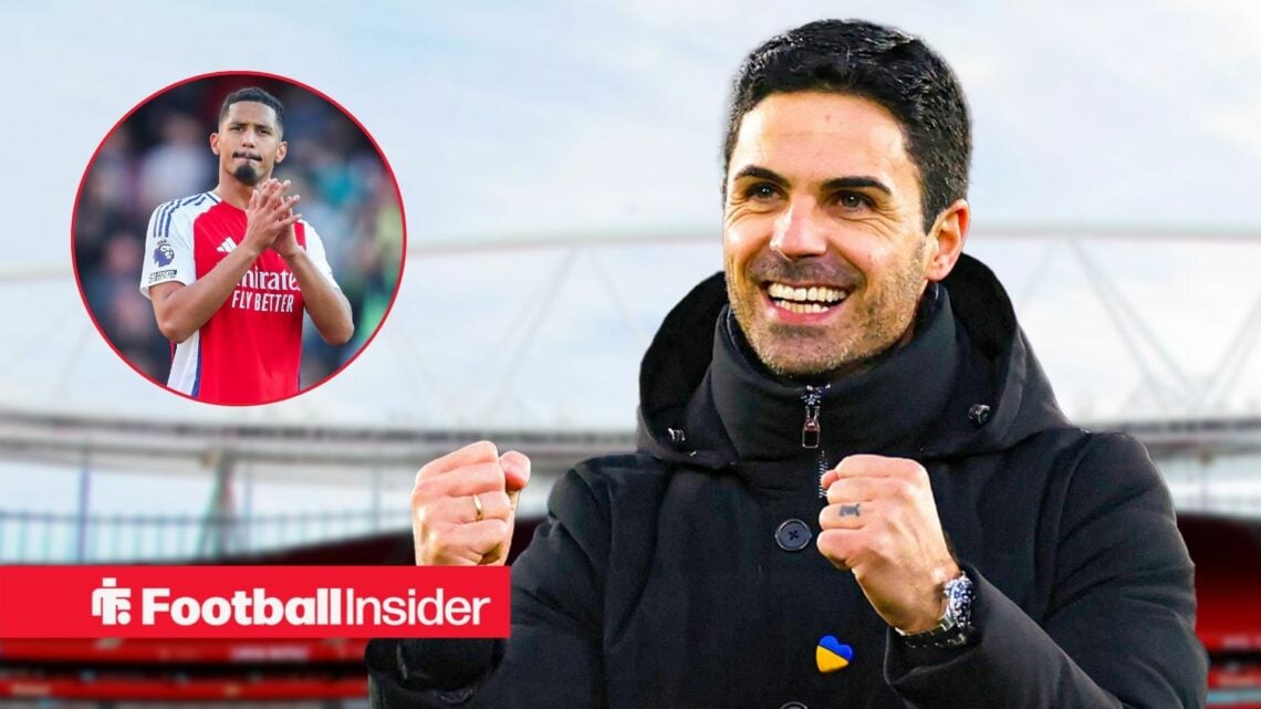 Mikel Arteta next to William Saliba in a circular inset