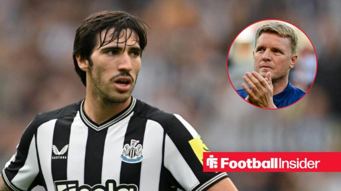 Sandro Tonali in action for Newcastle, with Eddie Howe in a circular inset