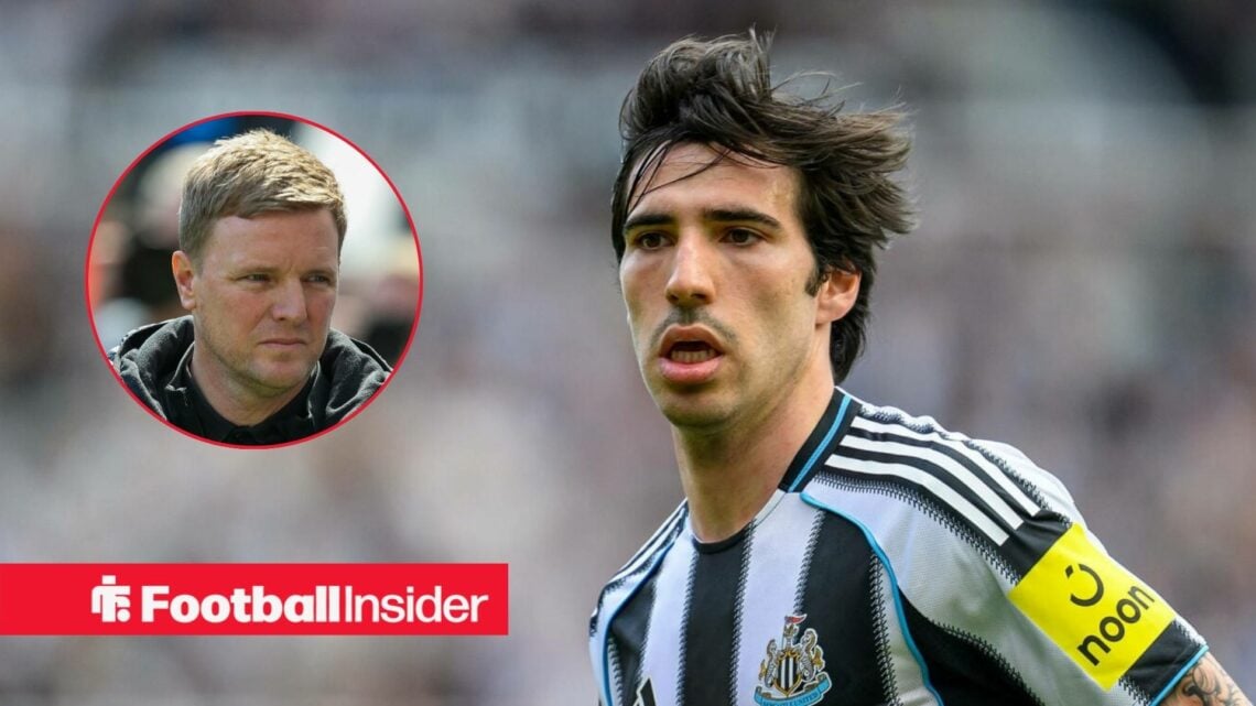 Newcastle's Sandro Tonali in action with manager Eddie Howe left inset