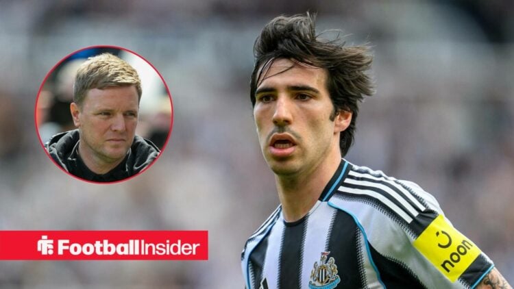 Newcastle's Sandro Tonali in action with manager Eddie Howe left inset