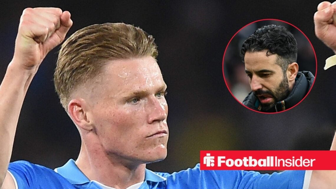 Scott McTominay with his fists in the air on the left and Ruben Amorim disappointed on the right