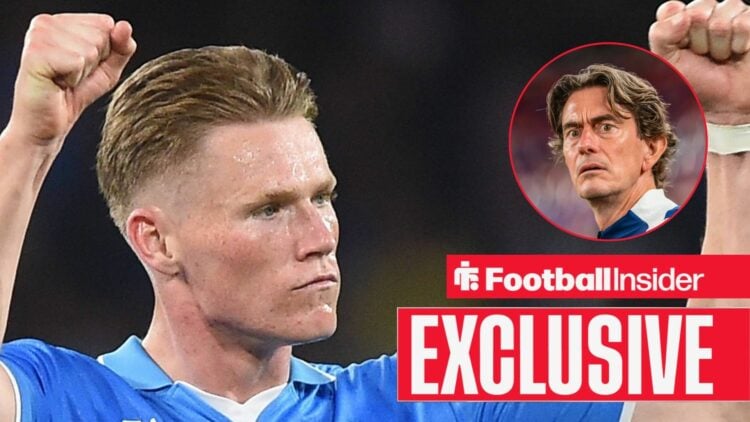 Scott McTominay with his fists pumped in the air on the left and a shocked Thomas Frank for Tottenham on the right