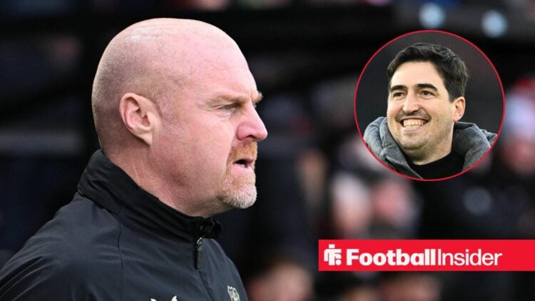Sean Dyche looking focused on the left with a happy Andoni Iraola on the right