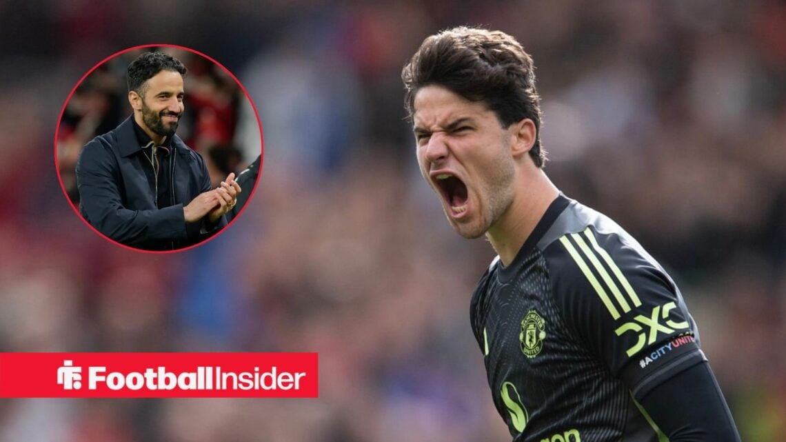 Senne Lammens celebrating at Old Trafford, Ruben Amorim in a circular inset