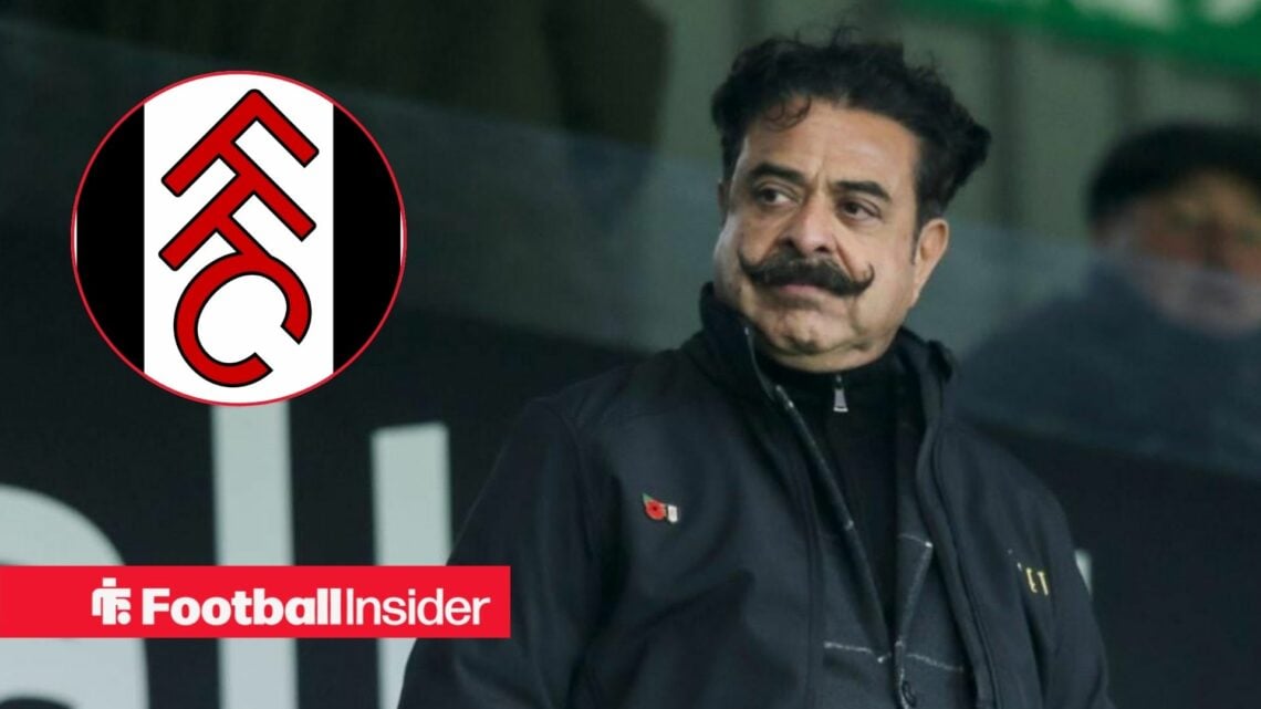 Shahid Khan looking away and Fulham badge in inset