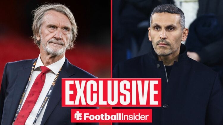 Sir Jim Ratcliffe looking concerned alongside Khaldoon Al Mubarak looking serious