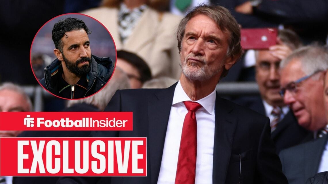 Sir Jim Ratcliffe looking concerned with Ruben Amorim included in a circular inset