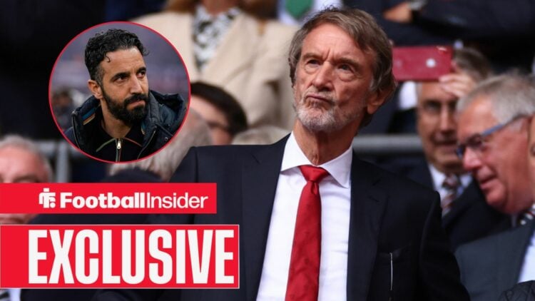 Sir Jim Ratcliffe looking concerned with Ruben Amorim included in a circular inset
