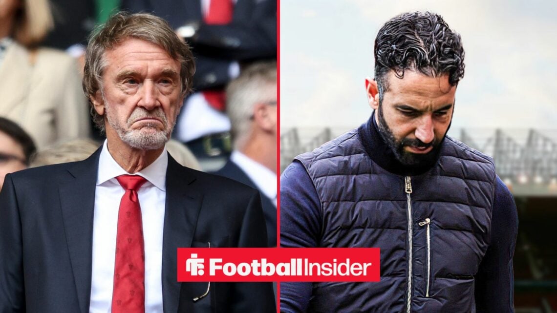 Sir Jim Ratcliffe looking upset alongside Ruben Amorim looking concerned