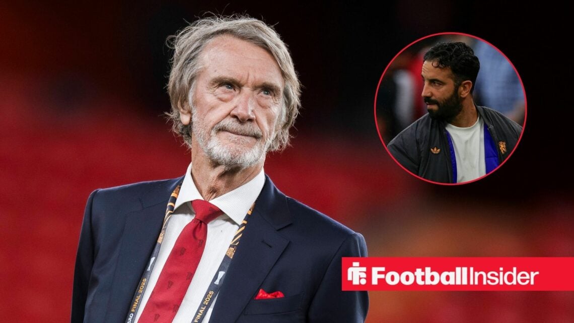 Sir Jim Ratcliffe looking concerned with Ruben Amorim included in a circular inset