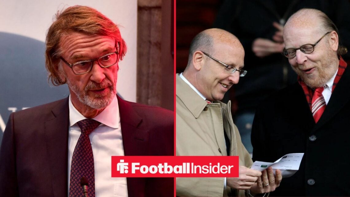 Sir Jim Ratcliffe looking concerned alongside The Glazers looking happy