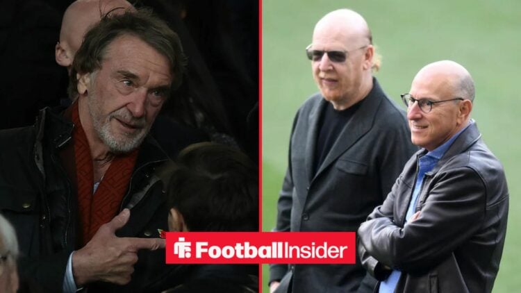 Sir Jim Ratcliffe looking concerned alongside The Glazers looking happy