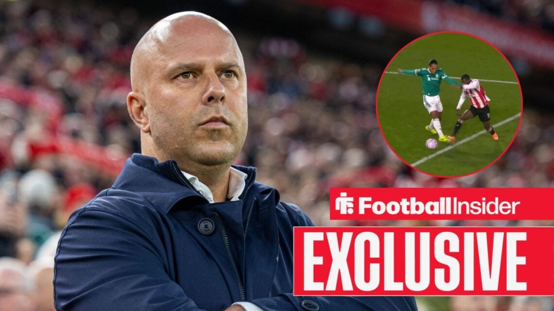 Arne Slot next to a circular inset of Van Dijk fouling Ouattara