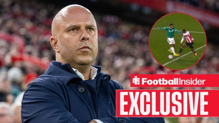 Arne Slot next to a circular inset of Van Dijk fouling Ouattara
