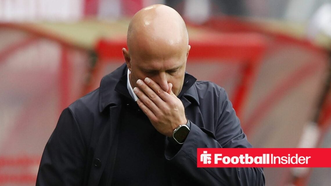 Liverpool boss Arne Slot pinching his nose