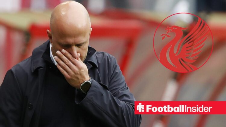 Liverpool manager Arne Slot with Liverpool badge inset