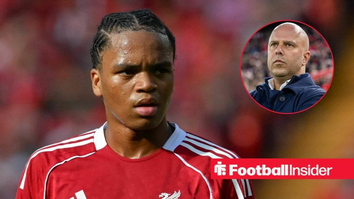 Rio Ngumoha looks at Arne Slot in a circular inset
