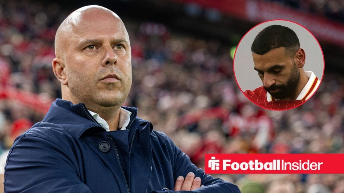 Arne Slot next to a circular inset of Mo Salah