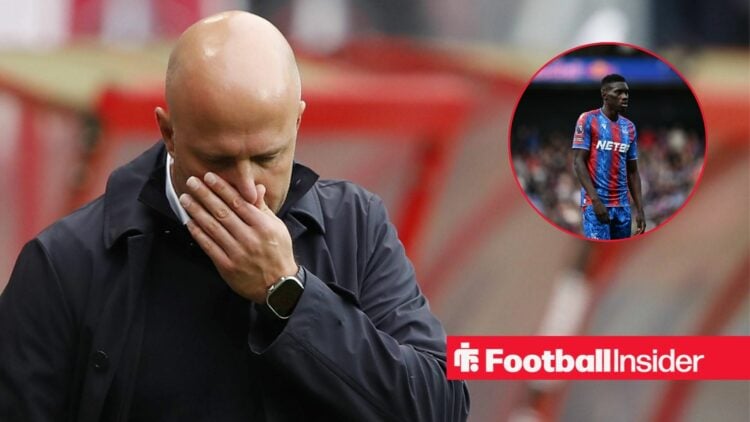 Arne Slot with his hand over his mouth with Ismaila Sarr inset