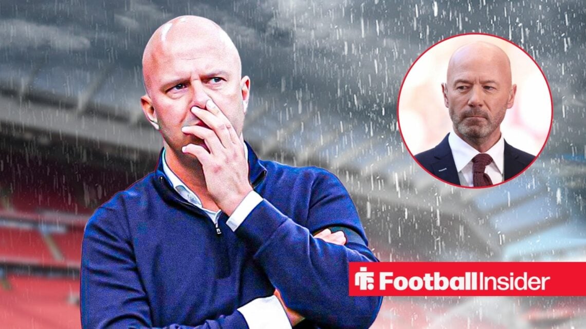 Arne Slot next to a circular inset of Alan Shearer