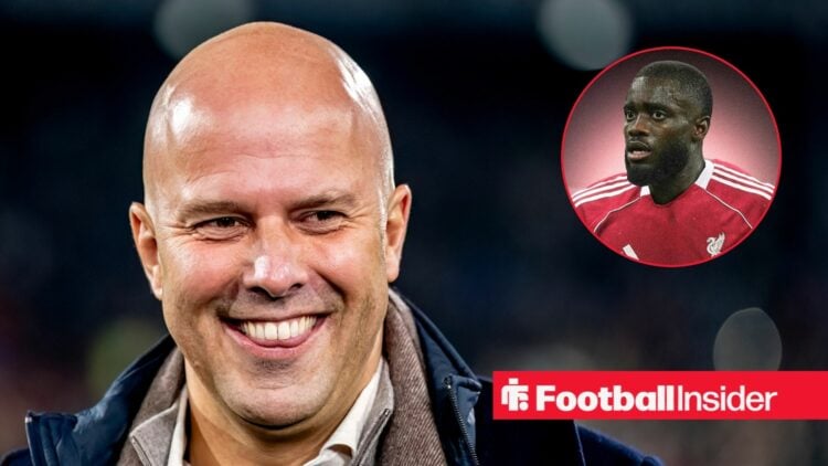 Dayot Upamecano in a Liverpool kit looking at Arne Slot