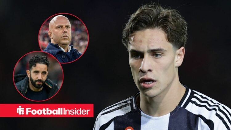 Kenan Yildiz next to circular insets of Ruben Amorim and Arne Slot