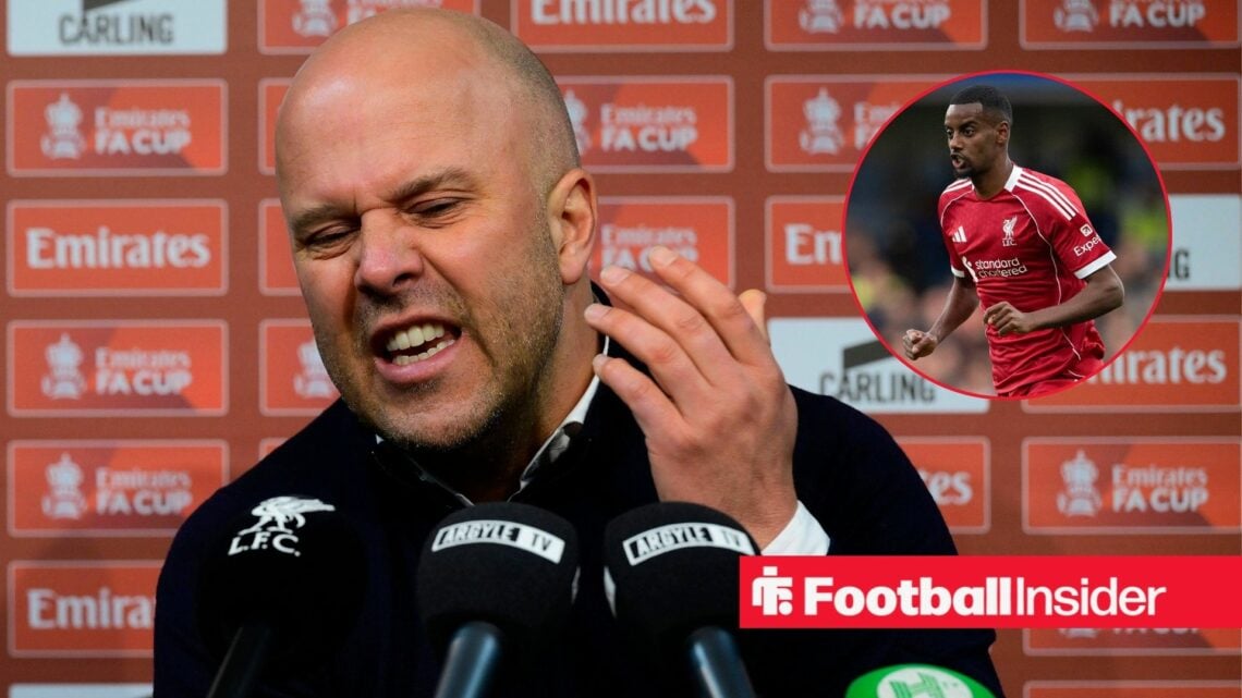 Arne Slot looking angry with Alexander Isak inset